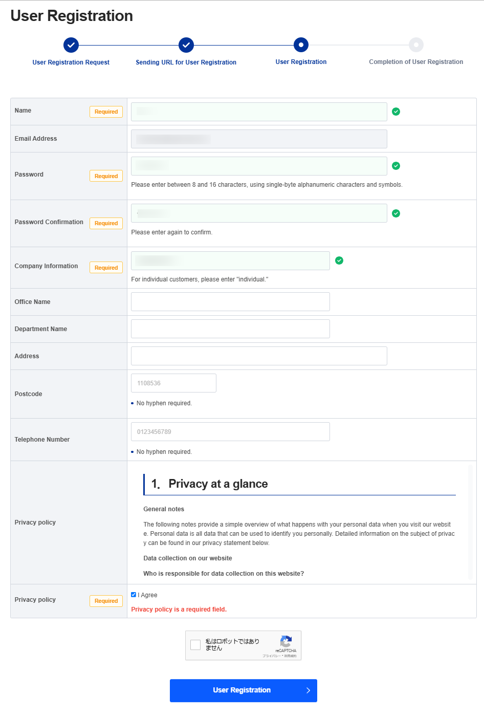 3. Enter user information/agree to privacy policy